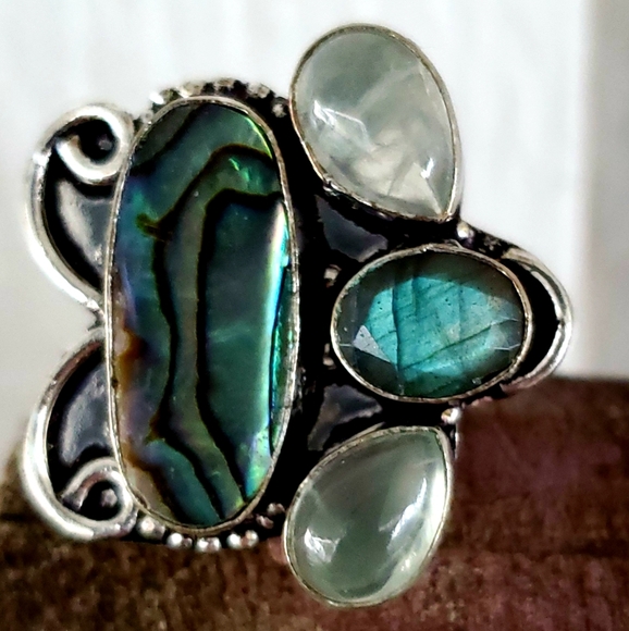 New Abalone Shell, Labradorite and Agate 925 Silver Ring. - Picture 3 of 8